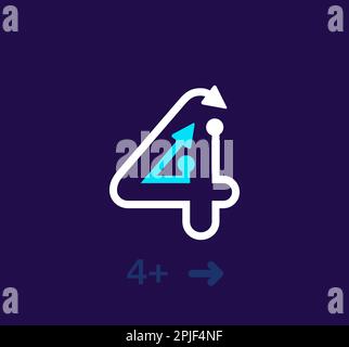 Logo mit linearer Nummer 4. Einzigartiges Logo. Abstrakte Zahl, einfaches rotierendes Pfeilziel. Der Vektor der Unternehmensidentität. Stock Vektor