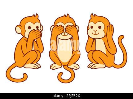 Drei Weise Affen mit Händen, die Augen, Ohren und Mund bedecken: Sehen Sie kein Böses, hören Sie kein Böses, sprechen Sie kein Böses. Süße Zeichentrickfigur. Stock Vektor
