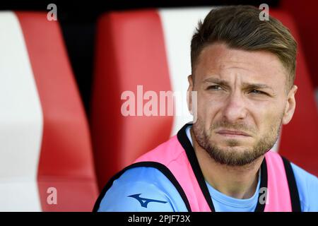 Monza, Italien. 02. April 2023 Ciro Immobile von SS Lazio sieht vor der Serie A ein Fußballspiel zwischen AC Monza und SS Lazio. Kredit: Nicolò Campo/Alamy Live News Stockfoto