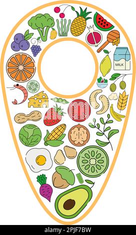 Collage-Symbol für Speisen und Getränke in der Position. Lieblingsplatz. Vektorsatz mit essentiellen Allergenen und Symbolen für Diätlinien. Bearbeitbare Symbolgruppe für Lebensmittel. Stock Vektor