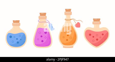Sammlung handgezogener Zaubertränke und flüssiger Elixiere in flacher Form. Zaubertrankflaschen. Vektordarstellung Stock Vektor