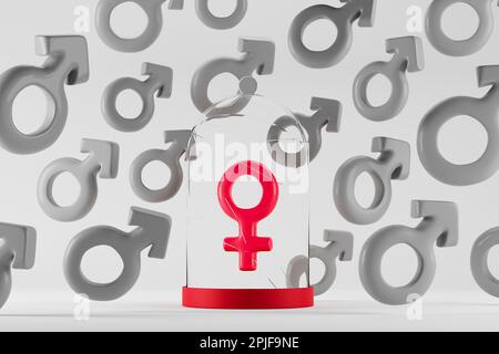 Kämpfen Sie mit dem Patriarchat. Rotes weibliches Symbol in Glasgehäuse, umgeben von männlichen Symbolen. 3D-Rendering Stockfoto
