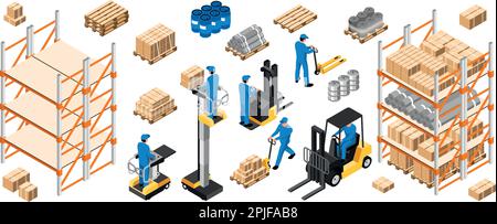 Lagerhausinnenraum mit Pappkartons, Hebebühnen und Frachtfahrzeugen. Personal umgeben von Kisten auf Regalen und Transport des Lagerhausinnenraums. Palettenhubwagen, Stock Vektor
