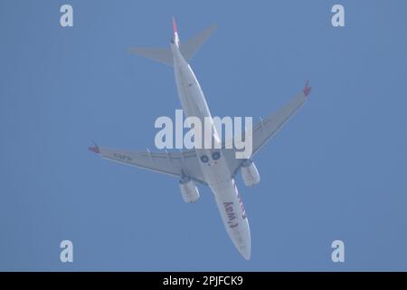 Chiangmai, Thailand - 10 2023. Februar: HL 8513 Boeing 737MAX8 von T'Way Air. Starten Sie von Chiangmai nach Seoul. Stockfoto