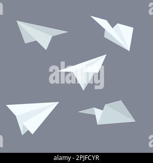 Papierebenen 3D Symbole. Weißes Papier, gefaltet in Form eines Flugzeugs auf grauem Hintergrund isoliert. Postfach. Kontaktieren Sie uns oder nennen Sie uns Symbole. Soziale Medien, Netzwerke Stock Vektor