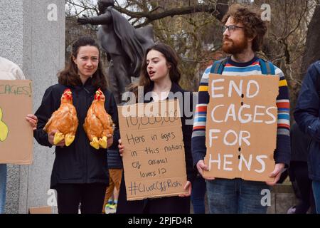 London, Großbritannien. 2. April 2023 Tierrechtler haben vor Ostern auf dem Parliament Square, der von der Humane League UK organisiert wurde, einen Protest veranstaltet und den britischen Premierminister Rishi Sunak aufgefordert, Käfige für Hühner zu verbieten. Derzeit werden Millionen von Hennen in beengten Käfigen für das gesamte Leben in britischen Fabrikbetrieben gehalten. Stockfoto