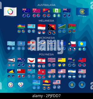 Flaggensymbole der Länder Ozeaniens. Australasien, Polynesien, Mikronesien und Melanesien. Illustration. Stockfoto