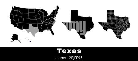 Karte des Bundesstaats Texas, USA. Satz von Karten von Texas mit Umriss der Grenze, Landkreise und US-Bundesstaaten. Schwarzweiß-Vektordarstellung. Stock Vektor