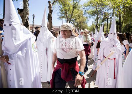 Sevilla, Spanien. 2. April 2023. Penitents und ein Costalero der Bruderschaft namens „La Paz“ während der Parade zur Kathedrale von Sevilla am Palmensonntag, „Domingo de Ramos“ auf Spanisch (Kreditbild: © Daniel Gonzalez Acuna/ZUMA Press Wire) NUR REDAKTIONELLE VERWENDUNG! Nicht für den kommerziellen GEBRAUCH! Stockfoto