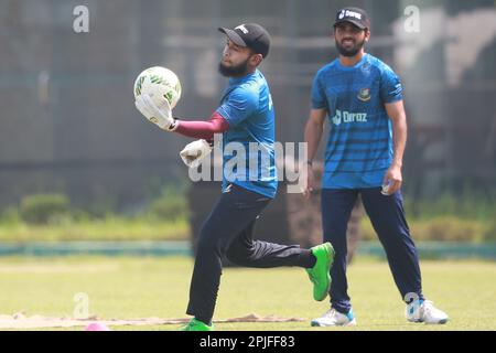 Mushfiqur Rahim (L) und Momionul Haque (R) während des Bangladesch Test Cricket Teams nehmen vor ihrem alpne Test Match in Sher-e-Ban an an der Übungssitzung Teil Stockfoto