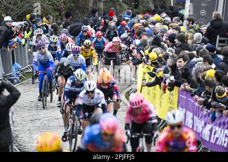 Oudenaarde, Belgien. 02. April 2023. Chaos auf dem Koppenberg während des Frauenrennen der Ronde van Vlaanderen/Tour des Flandres/Tour of Flanders, eintägiges Radrennen 158km mit Start und Ende in Oudenaarde, Sonntag, 02. April 2023. BELGA FOTO TOM GOYVAERTS Kredit: Belga News Agency/Alamy Live News Stockfoto