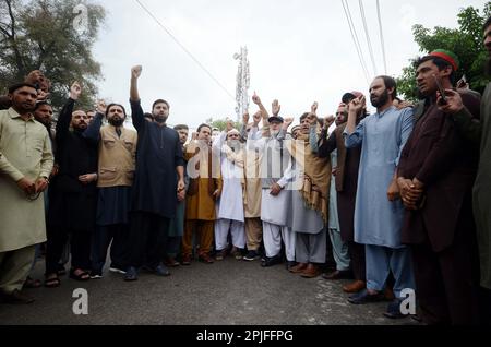 Peshawar, Pakistan. 31. März 2023. Führer und Mitglieder von Tehreek-e-Insaf (PTI) halten im Presseclub Peshawar eine Protestdemonstration gegen das Vermisste von Azhar Maschhwani ab und fordern seine Genesung. (Kreditbild: © Hussain Ali/Pacific Press via ZUMA Press Wire) NUR REDAKTIONELLE VERWENDUNG! Nicht für den kommerziellen GEBRAUCH! Stockfoto