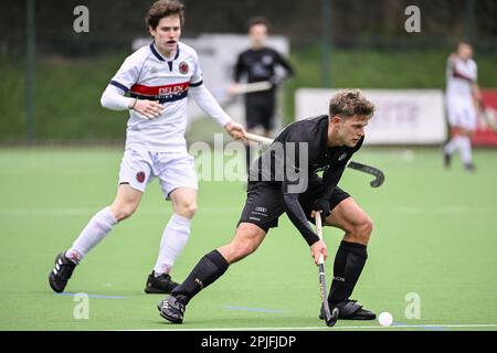 Brüssel, Belgien. 02. April 2023. Victor Wegnez vom Rennsport in Aktion während eines Hockeyspiels zwischen dem Royal Racing Club Bruxelles und KHC Dragons, Sonntag, den 02. April 2023 in Uccle/Ukkel, Brüssel, am 17. Tag der Saison der belgischen Men Hockey League 2022-2023. BELGA FOTO LAURIE DIEFFEMBACQ Kredit: Belga News Agency/Alamy Live News Stockfoto