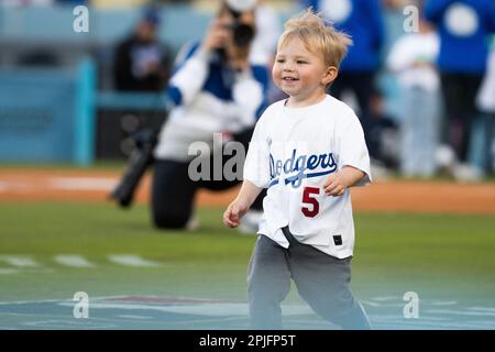 Maximus Freeman vor einem Major League Baseball Spiel im Dodger Stadium am Samstag, 1. April 2023 in Los Angeles, Kalifornien Die Dodgers besiegten die Diamondbacks mit 10:1. (Aliyah Navarro/Bild des Sports) Stockfoto