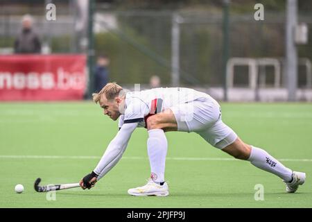 Brüssel, Belgien. 02. April 2023. Dragons' Conor harte in Aktion während eines Hockeyspiels zwischen dem Royal Racing Club Bruxelles und KHC Dragons, Sonntag, den 02. April 2023 in Uccle/Ukkel, Brüssel, am 17. Tag der Saison der belgischen Men Hockey League 2022-2023. BELGA FOTO LAURIE DIEFFEMBACQ Kredit: Belga News Agency/Alamy Live News Stockfoto