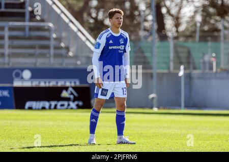 Lyngby, Dänemark. 02. April 2023. Casper Winther (13) aus Lyngby, gesehen während des 3F stattfindenden Superliga-Spiels zwischen Lyngby Boldklub und Silkeborg IM Lyngby Stadium in Lyngby. (Foto: Gonzales Photo/Alamy Live News Stockfoto