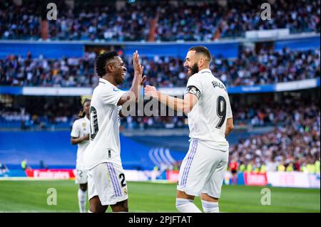 Madrid, Spanien. 02. April 2023. In Aktion während des Fußballspiels zwischen Real Madrid und Valladolid, gültig für den Spieltag 27 der Spanischen Liga der ersten Liga â&#x80;&#x9c;La Ligaâ&#x80;&#x9d; gefeiert in Madrid, Spanien, am Sonntag, den 02. April 2023 im Bernabeu Stadion. Gutschrift: Independent Photo Agency/Alamy Live News Stockfoto