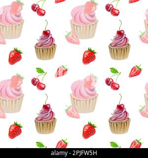 Ein Muster aus Cupcakes, Kirschen und Erdbeeren. Köstliche Collage. Aquarelldarstellung. Süßigkeiten Stockfoto