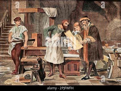 Johannes Gutenberg (1400-1468), imprimeur Allemand et sa press a imprimer. Stockfoto