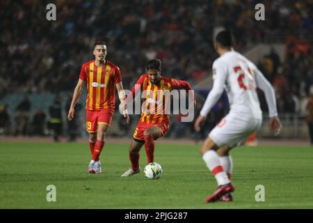 Rades, Tunis, Tunesien. 2. April 2023. Spielen Sie Esperance Sportive de Tunis EST gegen CR Belouizdad aus Algerien und zählen Sie für den 6. Tag der Gruppe D der African Champions League im Rades-Stadion. (Kreditbild: © Chohei Mahjoub/ZUMA Press Wire) NUR REDAKTIONELLE VERWENDUNG! Nicht für den kommerziellen GEBRAUCH! Stockfoto