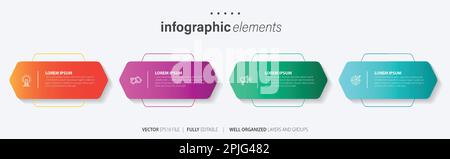 Vorlagendesign für Business-Infoelemente mit Symbolen und 4 Optionen oder Schritten. Vektordarstellung. Stock Vektor