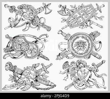 Ein Satz handgezeichneter Wappen im Skizzenstil, isoliert auf weißem Hintergrund. Vektordarstellung. Stock Vektor