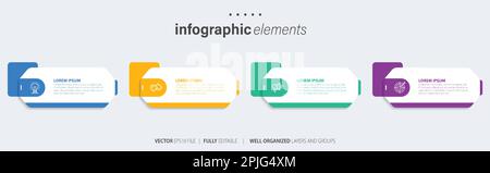 Vorlagendesign für Business-Infoelemente mit Symbolen und 4 Optionen oder Schritten. Vektordarstellung. Stock Vektor
