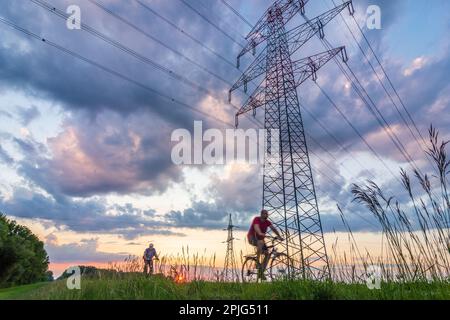 Groß-Enzersdorf: Hochspannungsleitung, Dreiphasen-Stromleitung Übertragungsleitungen auf einem Feld, Sonnenuntergang, Radfahrer in Donau, Niederösterreich, NiederAustr Stockfoto