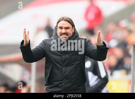 Köln/Deutschland. 2. April 2023, Coach Daniel FARKE (MG) Gesture, Gesture, Fußball 1. Bundesliga, 26. Spieltag, FC Köln (K) - Borussia Monchengladbach (MG), am 2. April 2023 in Köln/Deutschland. #DFL-Vorschriften verbieten die Verwendung von Fotografien als Bildsequenzen und/oder quasi-Video # Stockfoto