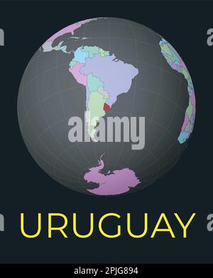Weltkarte mit Schwerpunkt Uruguay. Rotes Land hervorgehoben. Satellitenansicht der Welt mit dem Namen des Landes. Vektorabbildung. Stock Vektor