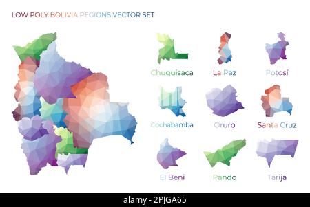 Bolivianische Regionen mit niedrigem Poly. Polygonale Karte Boliviens mit Regionen. Geometrische Karten für Ihr Design. Attraktive Vektorillustration. Stock Vektor