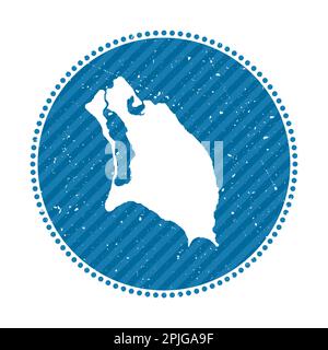 Gestreifter Retro-Reiseaufkleber von Barbuda. Abzeichen mit Karte der Insel, Vektorillustration. Stock Vektor