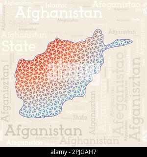 Kartendesign Afghanistan. Ländernamen in verschiedenen Sprachen und Kartenform mit geometrischen niedrigen Poly-Dreiecken. Stock Vektor