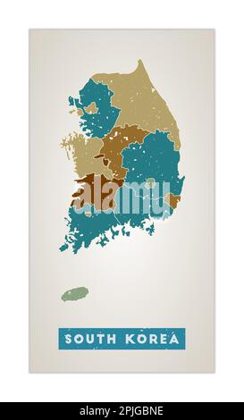Karte Südkorea. Länderposter mit Regionen. Alte Grunge-Textur. Form von Südkorea mit Ländername. Erstaunliche Vektorillustration. Stock Vektor