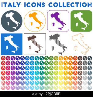 Italien Icons Kollektion. Bunte, trendige Kartensymbole. Modernes Italien-Abzeichen mit Landkarte. Vektorabbildung. Stock Vektor