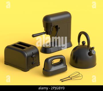 Espressomaschine, Handmixer, Wasserkocher und Toaster für die Zubereitung des Frühstücks auf monochromem Hintergrund. 3D Render der Kaffeeanne für die Herstellung von Latte Stockfoto