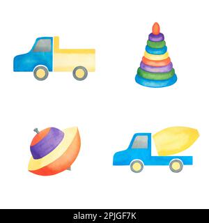 Kinderspielzeug. Aquarell-Darstellung eines Lastwagens, einer Pyramide, eines Wirbelsturms, eines Betonmischers. Illustration für Kinder. Separat auf weißem Hintergrund. Stockfoto