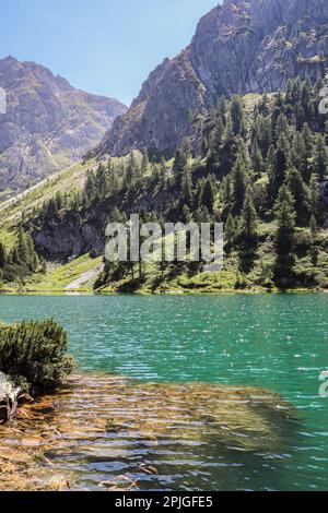 Vertikale Sicht der Natur in Osterreich. Europäischer Alpenkristall, klarer grüner Tappenkarsee am Sommersonntag. Stockfoto