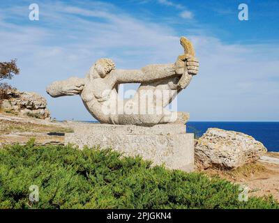 Archer Monument mit Blick über das Schwarze Meer auf der Halbinsel Kap Kaliakra, Provinz Dobrich, Bulgarien Stockfoto