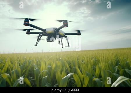 Landwirtschaft Drohne fliegen Dünger auf die Felder gesprüht Zuckermais Stockfoto