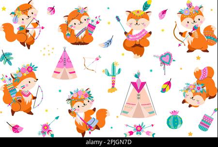 Waldfuchs, wilde Stammesfüchse mit Blumenkranz und Federpfeilen. Cartoon-Tiere im Boho-Stil. Kinderzimmer-Dekoration, heutzutage Baby-Vektor-Clipart Stock Vektor