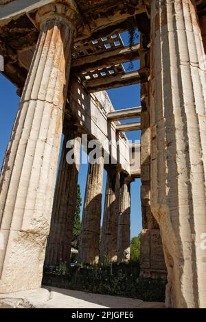 Die Fassade des Hephaistos-Tempels im antiken Agora, Athen, Griechenland Stockfoto