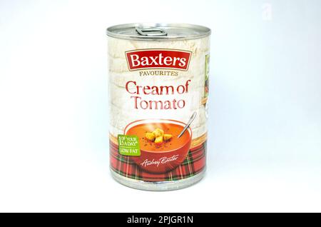 Eine Dose Baxters Cream mit Tomatensuppe, isoliert vor weißem Hintergrund Stockfoto