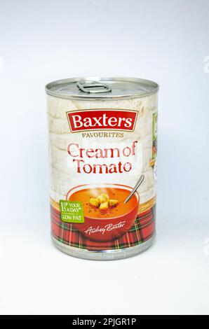 Eine Dose Baxters Cream mit Tomatensuppe, isoliert vor weißem Hintergrund Stockfoto