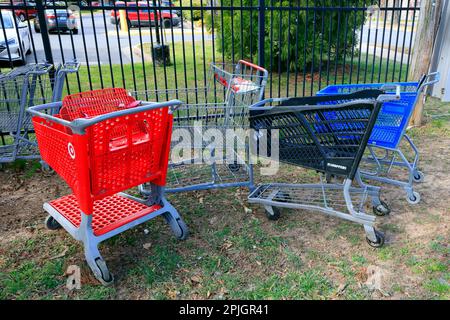 Verstreute, verlassene Einkaufswagen, Einkaufswagen, von verschiedenen Geschäften auf dem Rasen in der Nähe eines Einkaufszentrums. Stockfoto