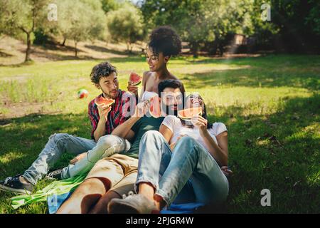Vier junge Freunde, drei Weiße und ein Afroamerikaner, entspannen sich auf einem grasbedeckten Rasen unter Bäumen an einem sonnigen Tag, essen Wassermelonenscheiben, reden, an Stockfoto