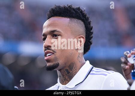 2. April 2023; Santiago Bernabeu Stadion, Madrid, Spanien, Spanisch La Liga Fußball, Real Madrid gegen Real Valladolid; Militao Stockfoto