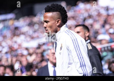 2. April 2023; Santiago Bernabeu Stadion, Madrid, Spanien, Spanisch La Liga Fußball, Real Madrid gegen Real Valladolid; Militao Stockfoto