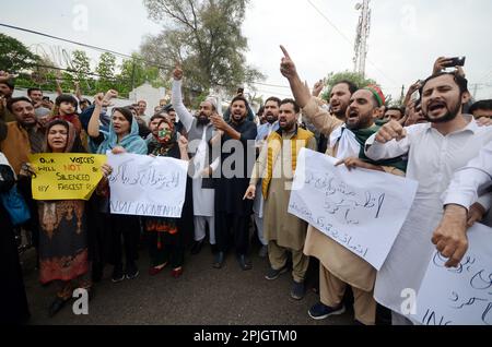 Peshawar, Pakistan. 31. März 2023. Führer und Mitglieder von Tehreek-e-Insaf (PTI) halten im Presseclub Peshawar eine Protestdemonstration gegen das Vermisste von Azhar Maschhwani ab und fordern seine Genesung. (Kreditbild: © Hussain Ali/Pacific Press via ZUMA Press Wire) NUR REDAKTIONELLE VERWENDUNG! Nicht für den kommerziellen GEBRAUCH! Stockfoto