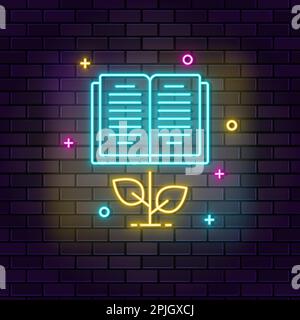 Wachsen, Buch Neon Ikone. Neonsymbol für Bildung auf dunklem Backsteinhintergrund Stock Vektor